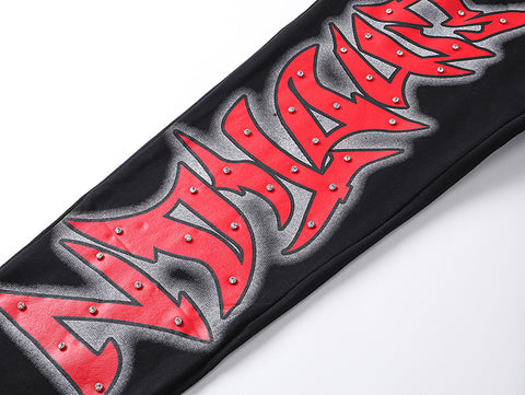 MIXED EMOTIO Studded Red Metal‑Font Black Straight‑Leg Sweatpants