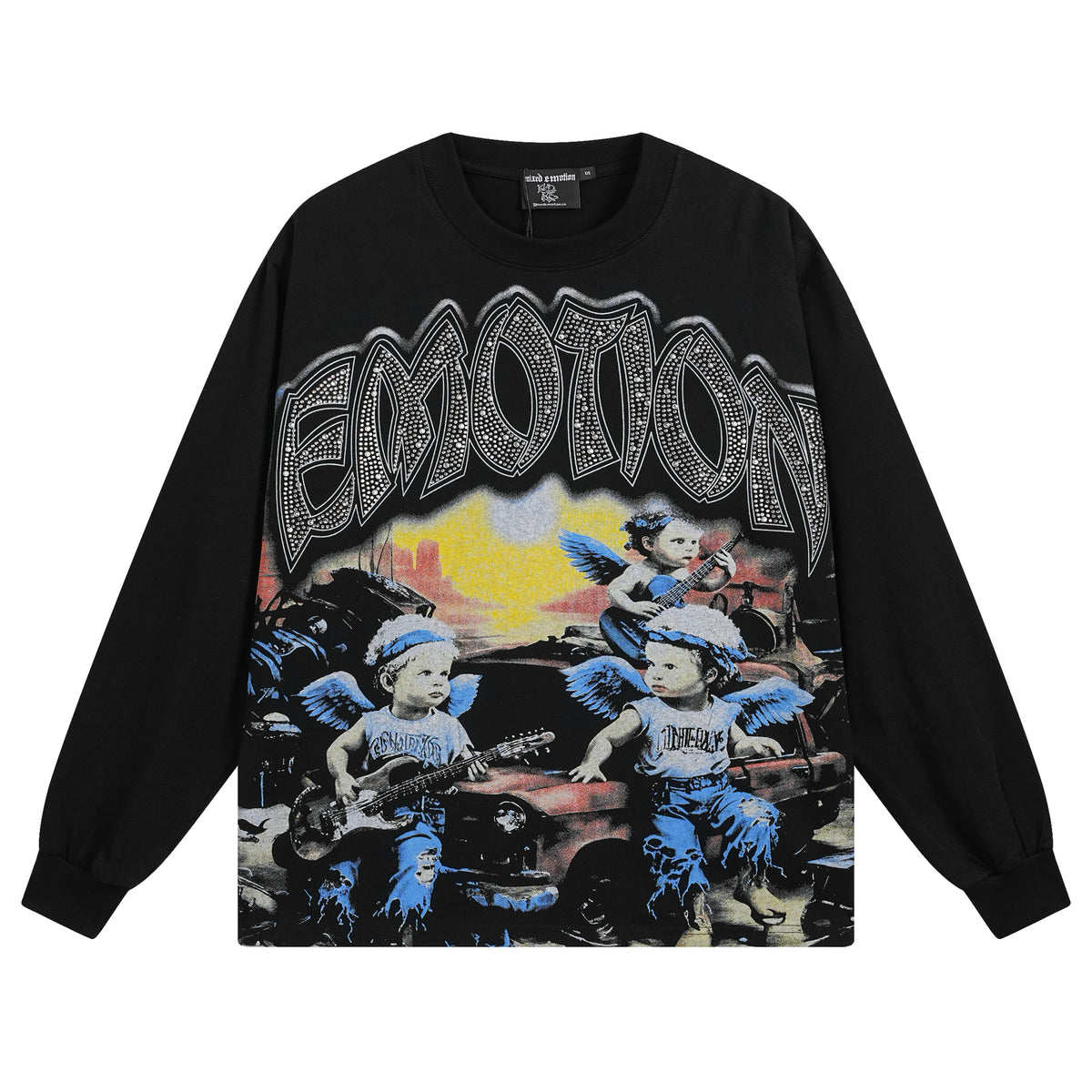 MIXED EMOTIO Rock Band Cherub Rhinestone Print Long‑Sleeve T‑Shirt