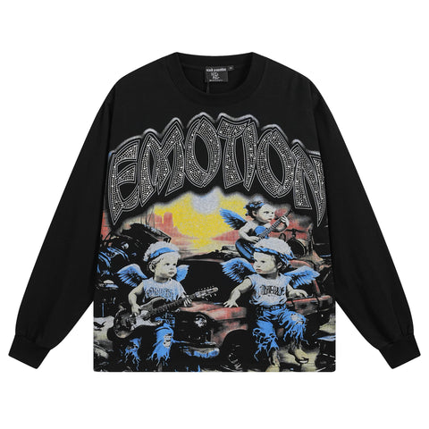 MIXED EMOTIO Rock Band Cherub Rhinestone Print Long‑Sleeve T‑Shirt