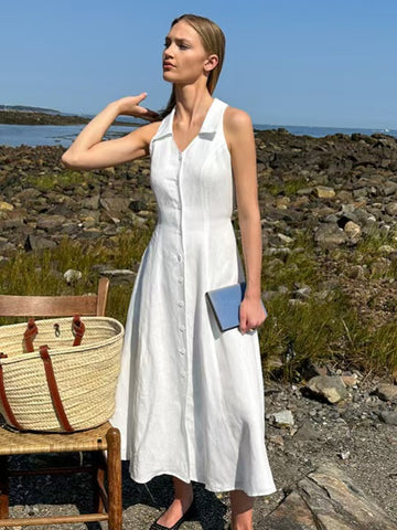 Sleeveless Collared White Linen Midi Dress