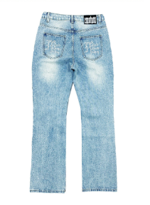 MIXED EMOTIO Rhinestone Washed Distressed Flare Denim Jeans Light Blue