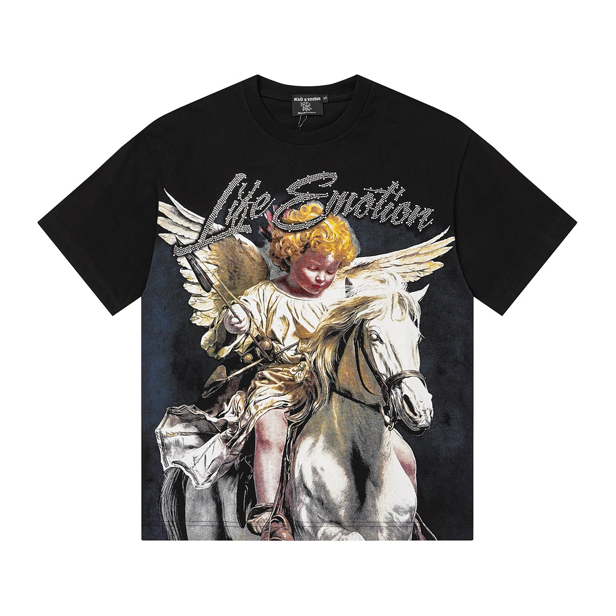 MIXED EMOTIO Life Emotion Cherub Riding Horse Black Short Sleeve T‑Shirt