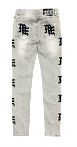 MIXED EMOTIO Gothic Logo Side‑Print Slim Denim Jeans Grey Wash