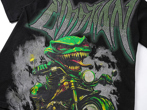 MIXED EMOTIO Lizard Biker Gradient Rhinestone Graphic Short Sleeve T‑Shirt