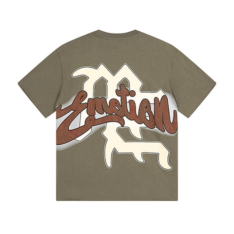 MIXED EMOTIO Blindfolded Cherub Rhinestone Olive Graphic Short Sleeve T‑Shirt