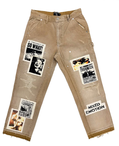 MIXED EMOTIO Vintage Poster Patchwork Distressed Carpenter Khaki Pants