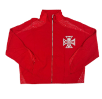 MIXED EMOTIO Cross Logo Rhinestone Panel Full‑Zip Track Jacket Red