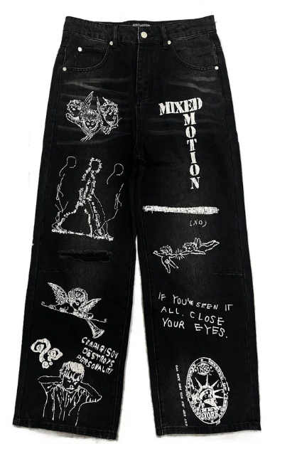 MIXED EMOTIO Sketch Art Graphic Distressed Baggy Black Denim Jeans
