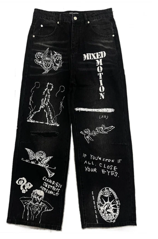 MIXED EMOTIO Sketch Art Graphic Distressed Baggy Black Denim Jeans