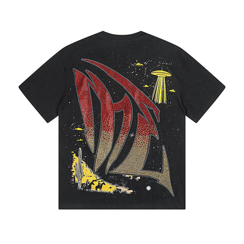 MIXED EMOTIO Cowboy Alien Desert Gradient Rhinestone Graphic Short Sleeve T‑Shirt