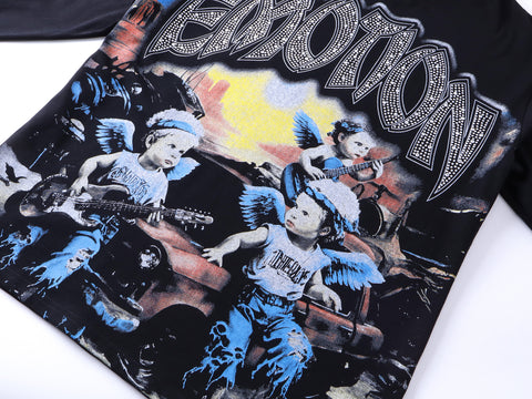 MIXED EMOTIO Rock Band Cherub Rhinestone Print Long‑Sleeve T‑Shirt