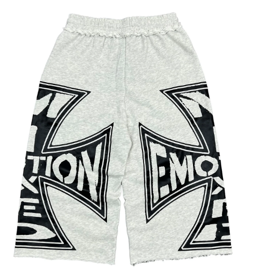 **MIXED EMOTIO Big Cross Logo Raw‑Edge Wide Leg Sweat Shorts Heather Grey