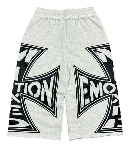 **MIXED EMOTIO Big Cross Logo Raw‑Edge Wide Leg Sweat Shorts Heather Grey