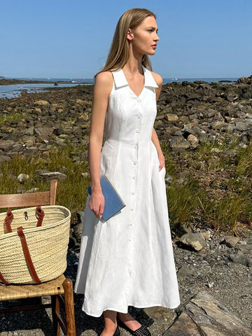Sleeveless Collared White Linen Midi Dress