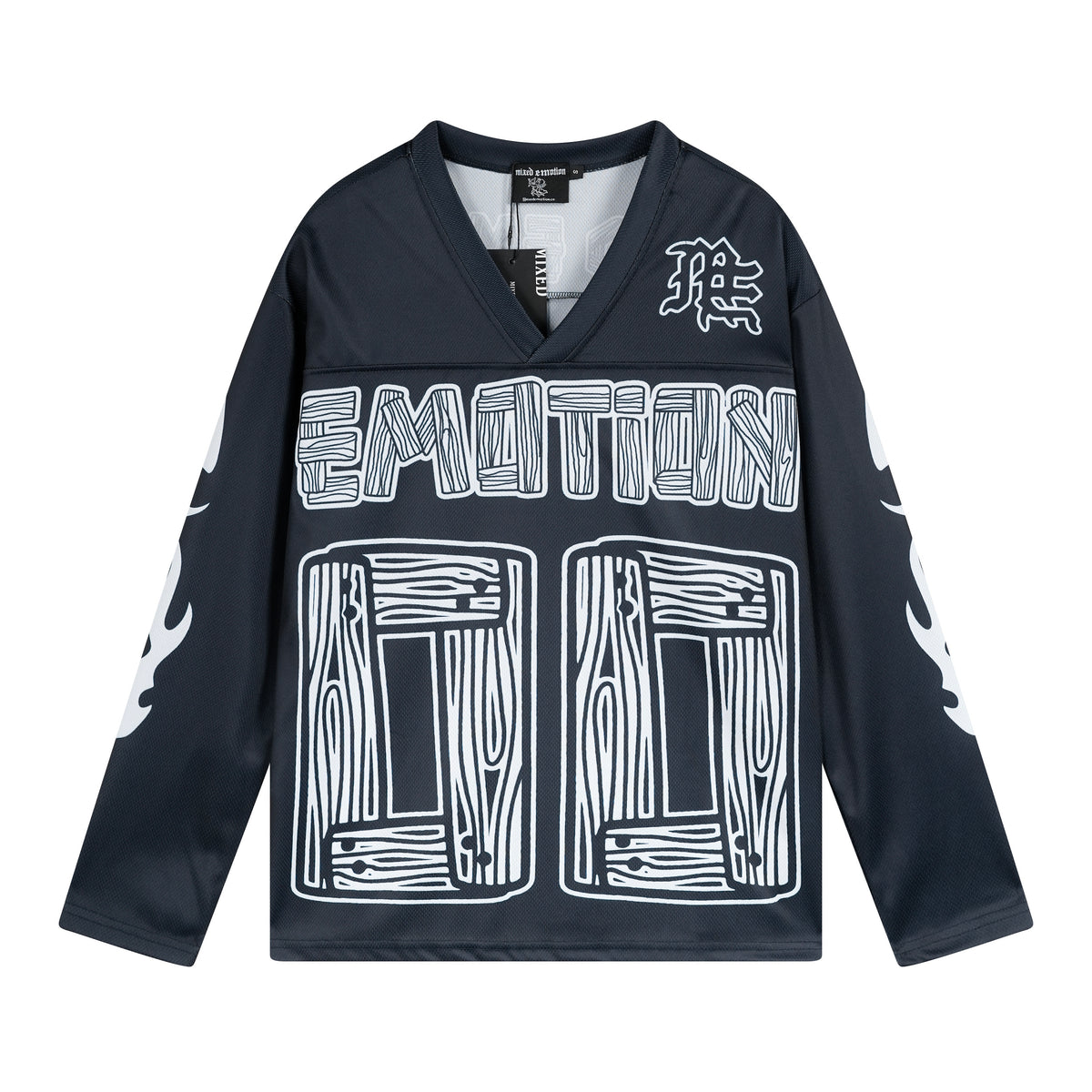 MIXED EMOTIO 00 Wood Grain Print V‑Neck Hockey Jersey Long‑Sleeve Top