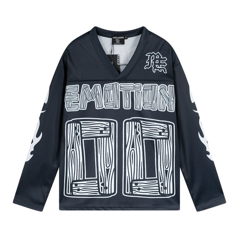MIXED EMOTIO 00 Wood Grain Print V‑Neck Hockey Jersey Long‑Sleeve Top