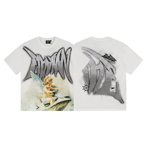 MIXED EMOTIO Cherub Jet‑Ski Silver Rhinestone Graphic Short Sleeve T‑Shirt
