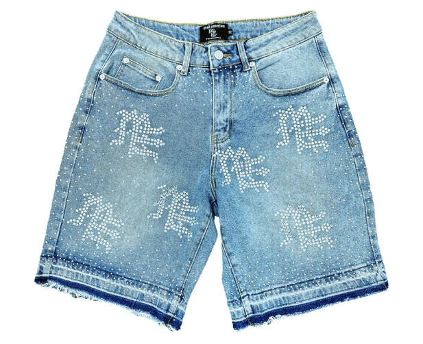 MIXED EMOTIO Rhinestone Cross Graphic Raw‑Edge Baggy Denim Jorts Light Wash