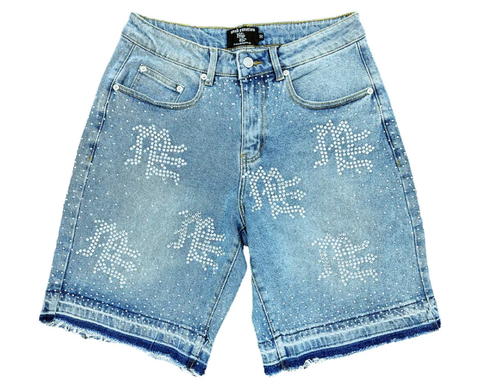 MIXED EMOTIO Rhinestone Cross Graphic Raw‑Edge Baggy Denim Jorts Light Wash