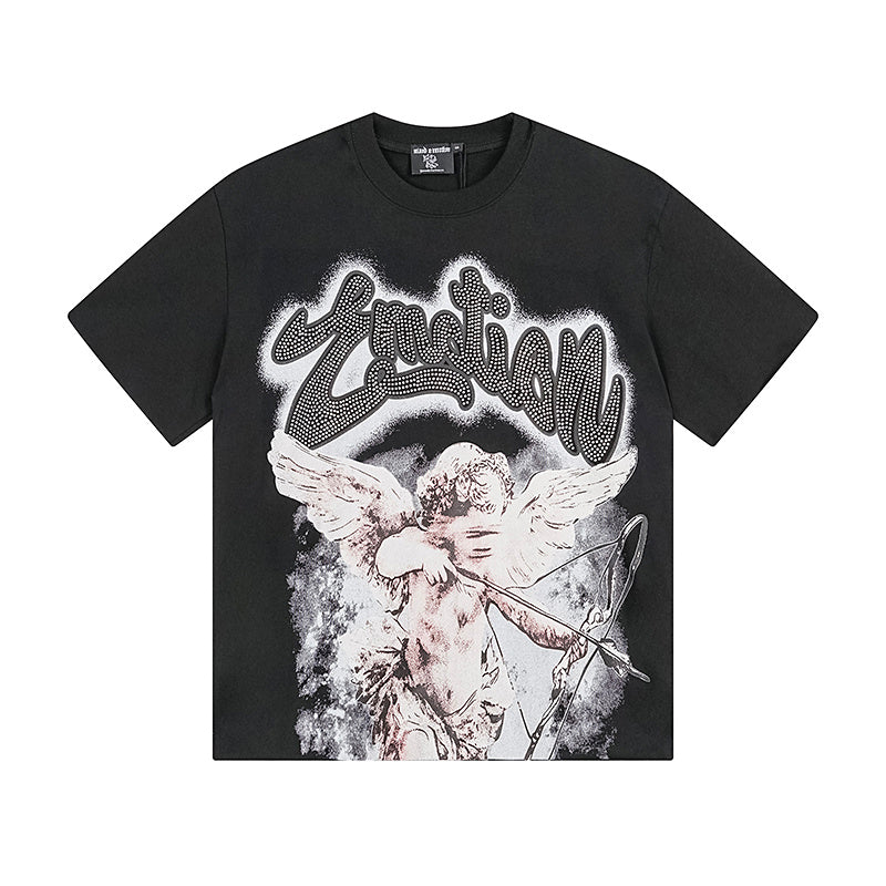 MIXED EMOTIO Cupid Cherub Rhinestone Washed Graphic Short Sleeve T‑Shirt