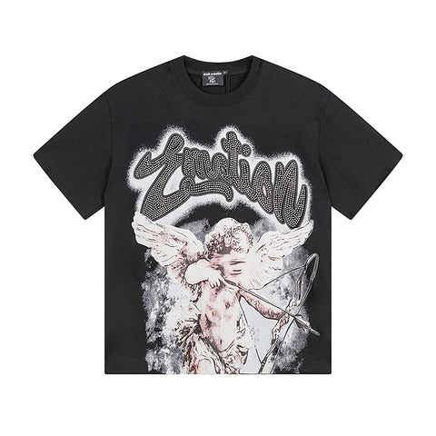 MIXED EMOTIO Cupid Cherub Rhinestone Washed Graphic Short Sleeve T‑Shirt