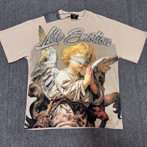 MIXED EMOTIO Life Emotion Praying Blindfold Angel Beige Short Sleeve T‑Shirt