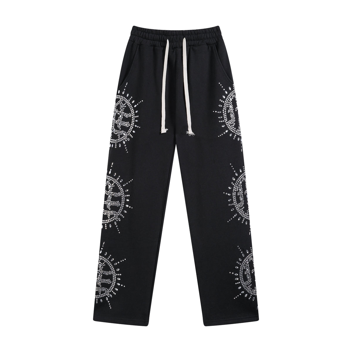 MIXED EMOTIO Rhinestone Sun Symbol Straight‑Leg Sweatpants