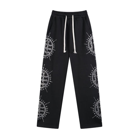MIXED EMOTIO Rhinestone Sun Symbol Straight‑Leg Sweatpants