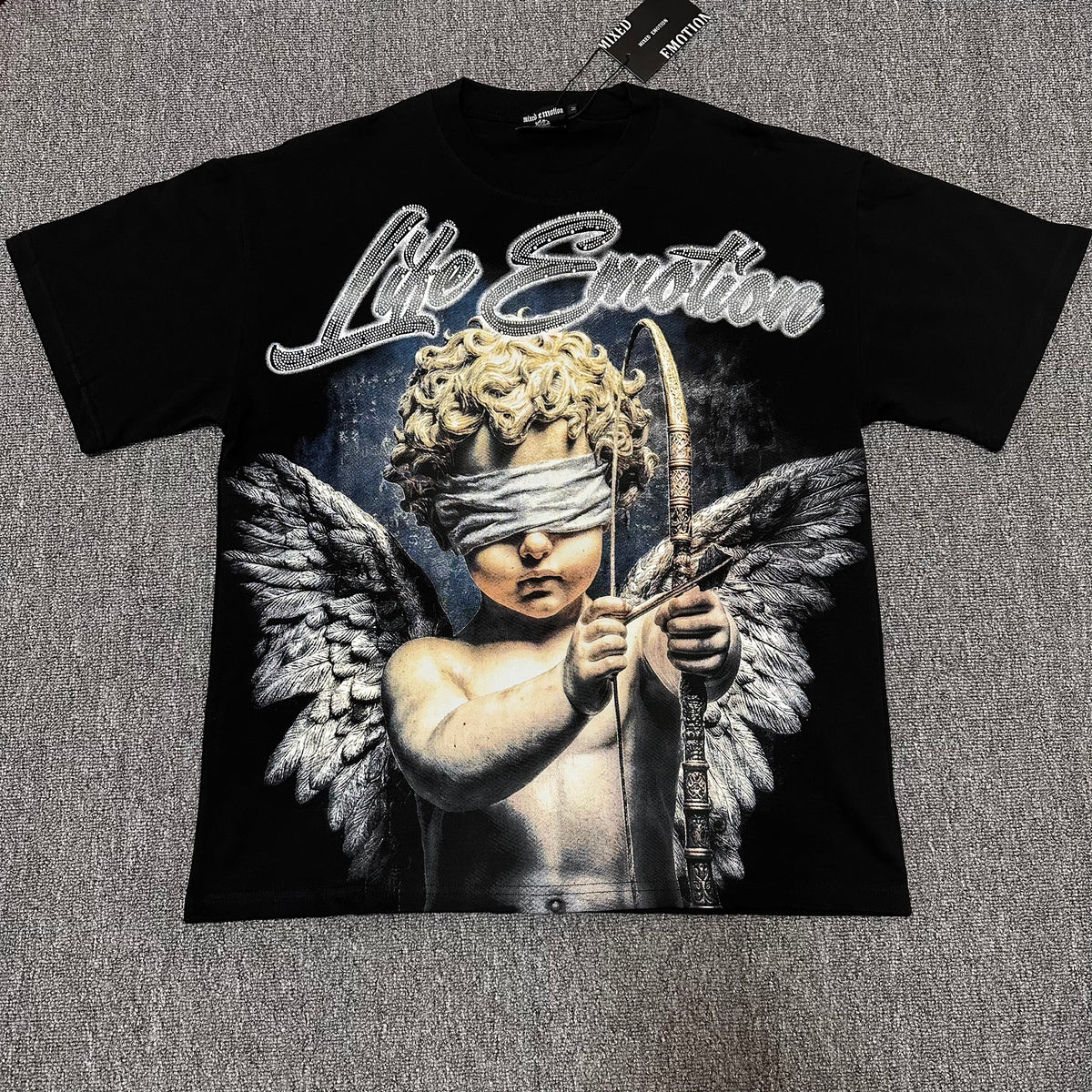 MIXED EMOTIO Life Emotion Blindfold Cupid Angel Graphic Short Sleeve T‑Shirt