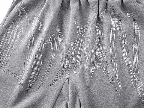 MIXED EMOTIO Rhinestone Heavy Metal Font Grey Sweat Shorts