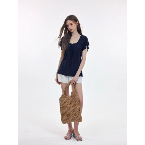 Tie Front Ruffle Short Sleeve Blouse