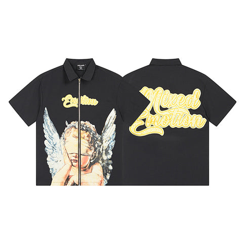 MIXED EMOTIO Blindfolded Cherub Full‑Zip Short‑Sleeve Polo Shirt