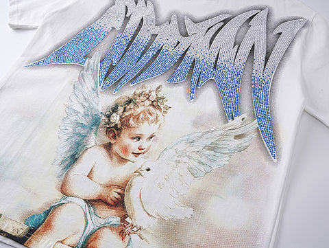 MIXED EMOTIO Cherub Dove Gradient Rhinestone White Graphic Short Sleeve T‑Shirt
