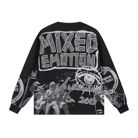 MIXED EMOTIO Astronaut Rock Band Vintage Full‑Print Long‑Sleeve T‑Shirt