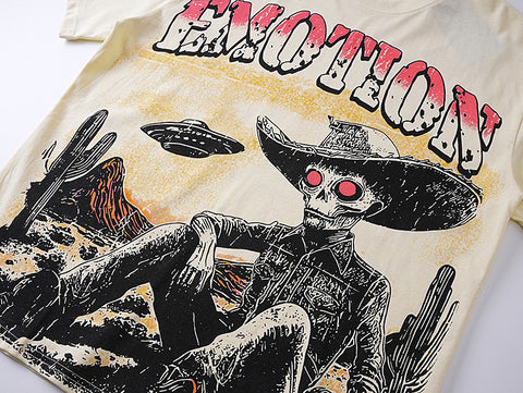 MIXED EMOTIO Emotion Skeleton Cowboy UFO Cream Short Sleeve T‑Shirt