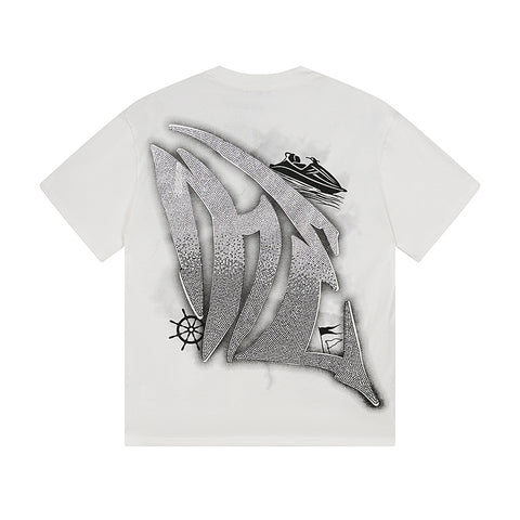MIXED EMOTIO Cherub Jet‑Ski Silver Rhinestone Graphic Short Sleeve T‑Shirt