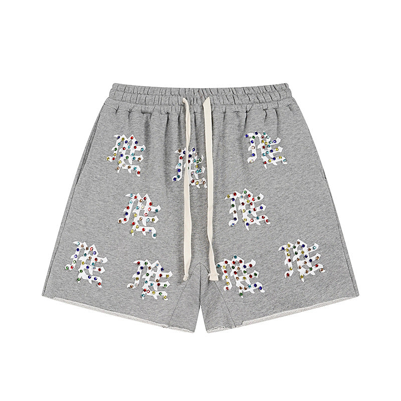 MIXED EMOTIO Multi‑Color Rhinestone Character Graphic Grey Sweat Shorts