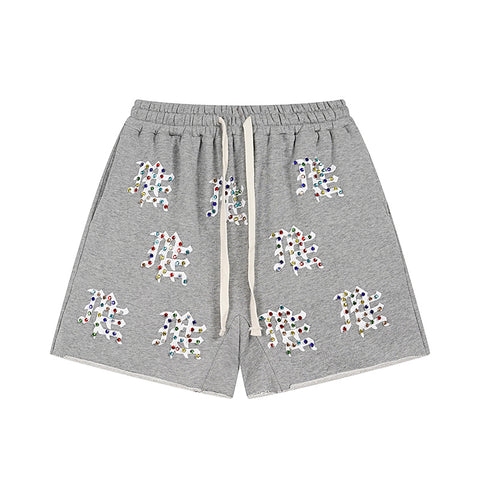 MIXED EMOTIO Multi‑Color Rhinestone Character Graphic Grey Sweat Shorts