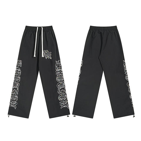 MIXED EMOTIO Rhinestone Letter Print Wide‑Leg Nylon Track Pants