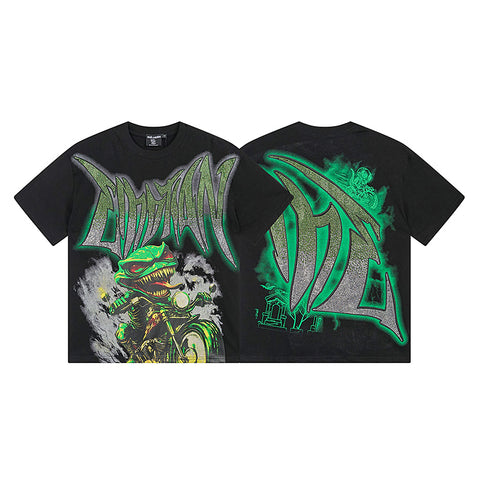 MIXED EMOTIO Lizard Biker Gradient Rhinestone Graphic Short Sleeve T‑Shirt