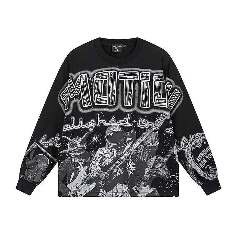 MIXED EMOTIO Astronaut Rock Band Vintage Full‑Print Long‑Sleeve T‑Shirt