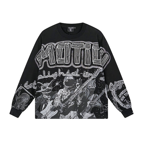 MIXED EMOTIO Astronaut Rock Band Vintage Full‑Print Long‑Sleeve T‑Shirt