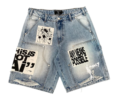 MIXED EMOTIO Slogan Patchwork Distressed Carpenter Denim Jorts Light Wash