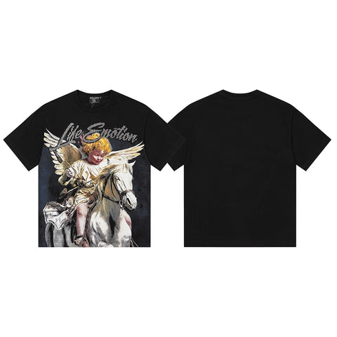 MIXED EMOTIO Life Emotion Cherub Riding Horse Black Short Sleeve T‑Shirt