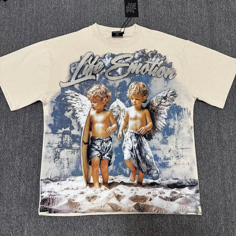 MIXED EMOTIO Life Emotion Two Surfing Angels Beige Short Sleeve T‑Shirt