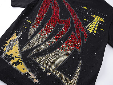 MIXED EMOTIO Cowboy Alien Desert Gradient Rhinestone Graphic Short Sleeve T‑Shirt
