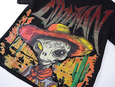 MIXED EMOTIO Cowboy Alien Desert Gradient Rhinestone Graphic Short Sleeve T‑Shirt