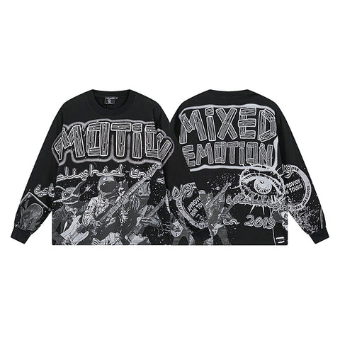 MIXED EMOTIO Astronaut Rock Band Vintage Full‑Print Long‑Sleeve T‑Shirt