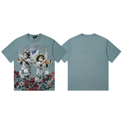 MIXED EMOTIO Life Emotion Trumpet‑Playing Angels Teal Short Sleeve T‑Shirt