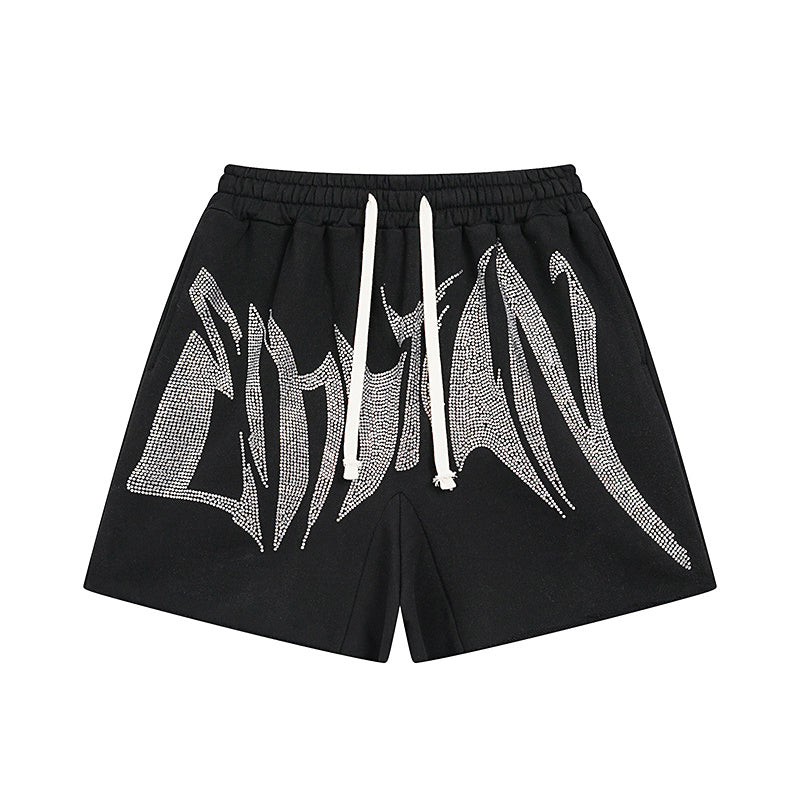 MIXED EMOTIO Rhinestone Heavy Metal Font Black Sweat Shorts